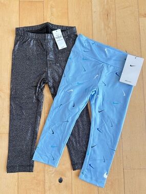 2T Bundle Leggings Black Sparkle & Light Blue Allover Nike Swoosh Toddler Girl